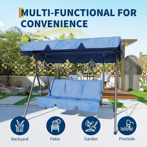 Three-Seat Outdoor Porch Swing With Adjustable Canopy And Removable Cushions Powder-Coated Steel Frame Sturdy Stand Blue Patio Swing in garden setting.