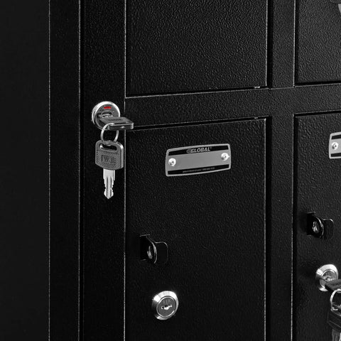 Eight Door Smartphone Charging Locker Featuring Sturdy Steel Build And Handy Power Outlets Keep Your Tablets Phones And Wallets Locked Up Safe And Sound With Reliable Keyed Entry Plus Quick Master Override Access, close-up of key in lock.