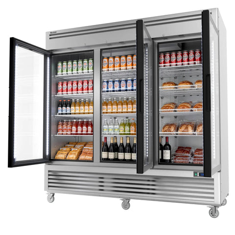 Kickin Cold Three Door Commercial Beverage Refrigerator With Tough Stainless Steel Frame, Double Pane Glass Door, Bright Led Strip Lighting, And Anti Fog Coating For Retail Stores displaying drinks and pastries.