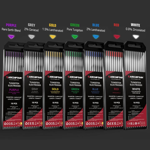 Pro Grade TIG Welding Tungsten Electrode 10 Pack Gold 1.5 Percent Lanthanated WL15 EWLa-1.5, front view with other variants
