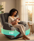Woman holding baby in Ultimate 360 Degree Swivel Rocker Recliner With Heat And Massage, grey fabric, with USB port, cup holders.