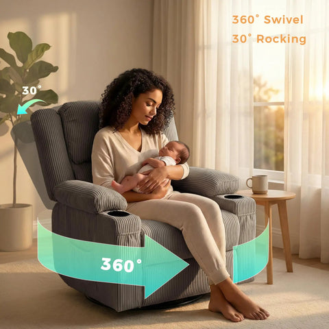 Woman holding baby in Ultimate 360 Degree Swivel Rocker Recliner With Heat And Massage, grey fabric, with USB port, cup holders.