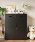 Heavy Duty Steel Storage Cabinet With Locking Doors And Two Drawers For Home Office Garage And School Use 36 Inch Tall Black Metal Cabinet Beefy Pro Grade Scratch Resistant Steel Construction Built To Last For Tools Papers And Gear in a cozy room setting with decorations around