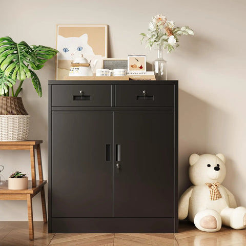 Heavy Duty Steel Storage Cabinet With Locking Doors And Two Drawers For Home Office Garage And School Use 36 Inch Tall Black Metal Cabinet Beefy Pro Grade Scratch Resistant Steel Construction Built To Last For Tools Papers And Gear in a cozy room setting with decorations around