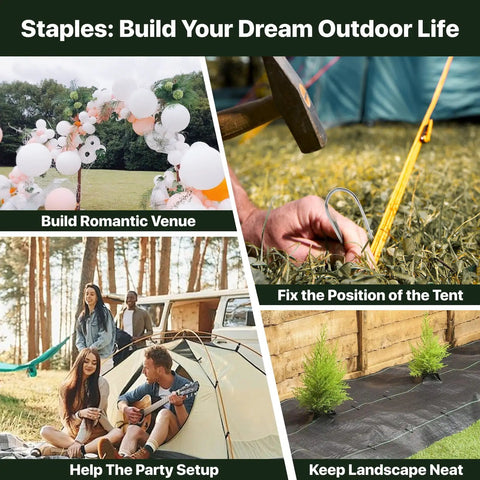 Collage showing uses for Beefy 4 Inch U Shaped Landscape Staples Pack Of 40 For Soaker Hose Drip Line Tubing Garden Galvanized 11 Gauge Ground Stakes Built To Last Lawn Yard Outdoor Decor in outdoor settings.