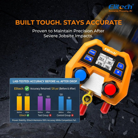 Digital Manifold Gauge For HVAC And Refrigeration Systems With 3 Ports LCD Display shown on impact site with precision graph.