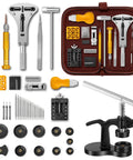 All In One Watch Repair Tool Kit With Press Tool And Link Removal Set Spring Bar Tool Set Battery Replacement Kit Case Back Opener And Watch Band Tools For Band Sizing Adjustment And Pro Grade Maintenance with various tools displayed.
