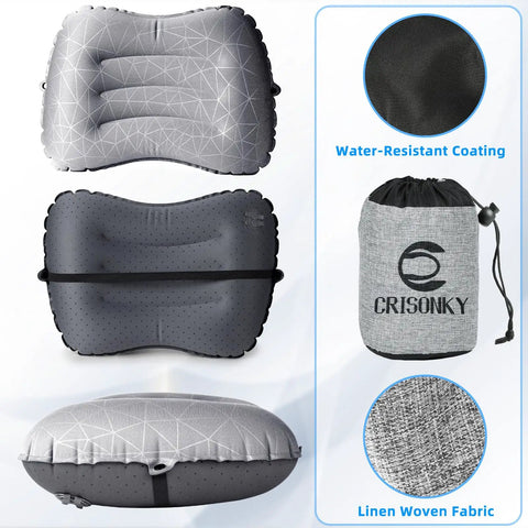 Ultralight Inflatable Camping Pillow For Backpacking And Air Travel With Lumbar Support, inflates quickly, linen woven fabric
