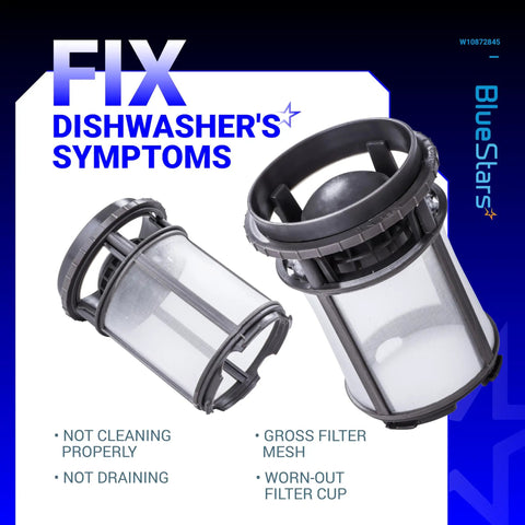 Upgraded Dishwasher Pump Filter Cup Replacement for Whirlpool Kenmore Amana KitchenAid; mesh cylindrical filter