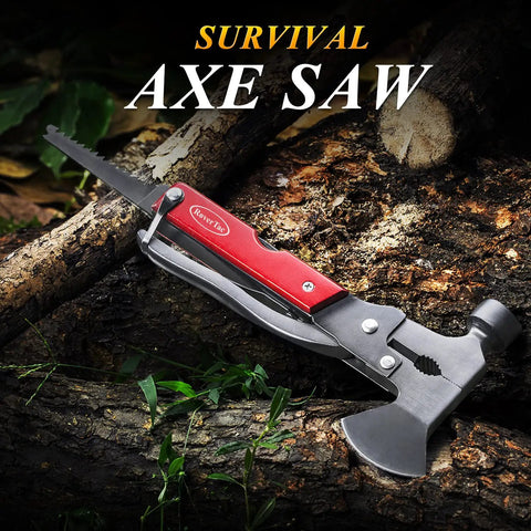 14-In-1 Multitool Camping Axe Hatchet with knife, hammer, saw, bottle opener, can opener, and pliers on log outdoors