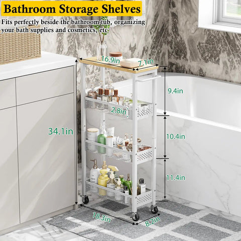 Slim 4 Tier Rolling Storage Cart With Wood Top For Narrow Spaces In Kitchen Laundry Room And Bathroom Metal Narrow Shelf Unit Mobile Organizer Trolley With Handle For Tight Corners next to bathtub