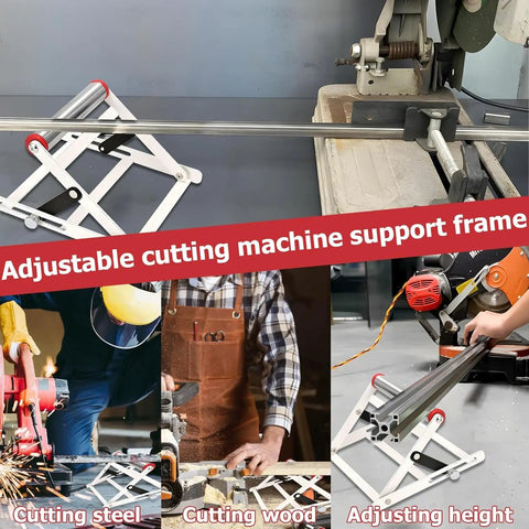 Workhorse Adjustable Height Table Saw Rollers Heavy Duty Fold Flat Cutting Machine Sidekick Support Frame Rust Resistant Steel propping wood and steel during cutting tasks.