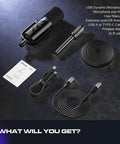 Dynamic USB XLR Podcast Microphone For Streaming And Recording with accessories including cables, stand, and manual.