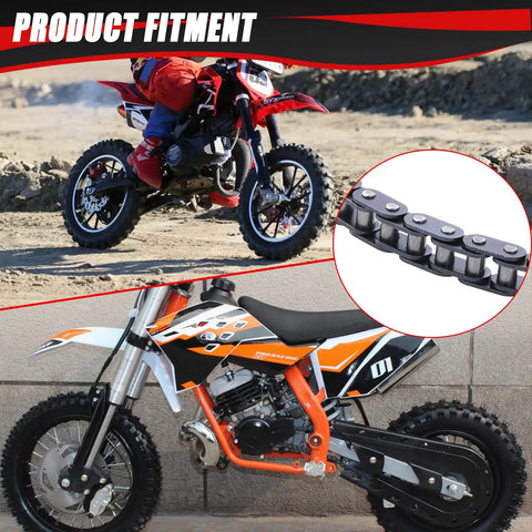Drive Chain 10 Feet With Chain Breaker Tool Beefy Heavy Duty for motorbikes, shown on dirt and mini bikes, closeup of chain links