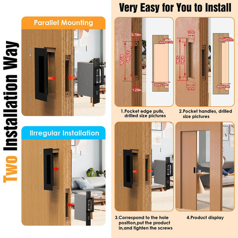 Pocket Door Hardware Set With Flush Recessed Pull Handles, Heavy Duty Sliding Edge Pull With Pop Out Ring, Fits Solid Wood Doors, Black Edge Pulls shown with installation steps and measurements.