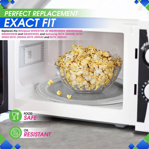 Fourteen And One Eighth Inch Microwave Glass Plate Replacement Fits W10531726 Turntable Tray Replaces Rotating Microwave Plate Durable Heat Resistant Tempered Glass For Easy No Fuss Cooking And Reheating with bowl of popcorn in microwave