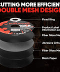 Cutting disc layers with fixed ring, label, fiberglass mesh, abrasive grits, and black paper; 30 Pack 3 Inch Ultra Thin Cut Off Wheels For Cutting Steel INOX Stone And PVC Fits Angle Grinder And Cut Off Tools With Portable Storage Pouch Pro Grade Heavy Duty Reinforcement For Smooth Burr Free Cuts