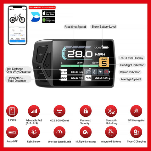Smart controller display for Beefy 48V 500W Rear Hub Ebike Conversion Kit showing speed, battery, and settings interface
