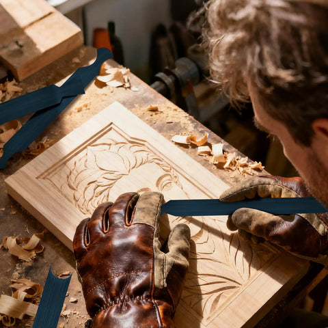 Woodworker using 17Pcs Card Scraper Set For Woodworking with Cabinet Scrapers and Burnisher on intricate wood carving