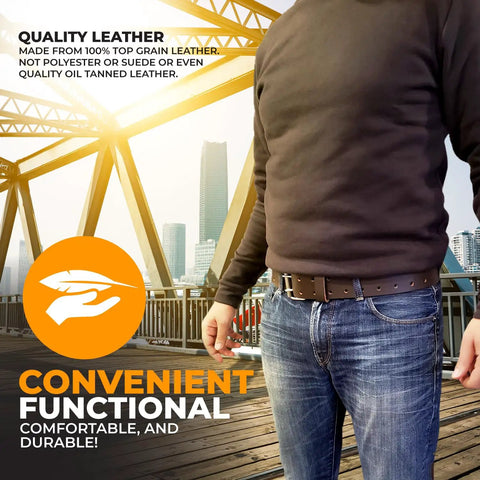Person wearing Heavy Duty Leather Tool Belt for Carpenters and Electricians, 2-Inch Wide Top-Grain Oil-Tanned Leather, casual outfit