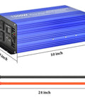Pure Sine Wave Inverter DC 12V To AC 110V 1000W Rated 2000W Surge, showing 10 inch blue casing with USB ports and cables.