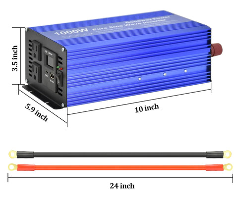 Pure Sine Wave Inverter DC 12V To AC 110V 1000W Rated 2000W Surge, showing 10 inch blue casing with USB ports and cables.