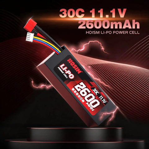Beefy 2 Pack 11.1V 2600mAh LiPo Battery for Brushless RC Cars Trucks Boats, 30C High Discharge, 3S Power displayed on stand