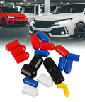 Universal Vacuum Line Cap Protector Kit For Cars And Engines in various colors on a car background.