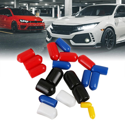 Universal Vacuum Line Cap Protector Kit For Cars And Engines in various colors on a car background.