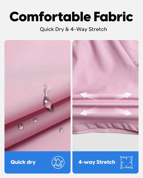 Close-up of fabric features on Mens Dope Swim Trunks 5 Inch Quick Dry Board Shorts With Mesh Lining And Zip Pockets Pink Medium.