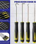 Precision hook set with rubber handles and CR-V steel shafts, labeled for removing gaskets and rings, 3-inch long tools.