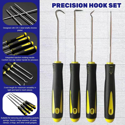 Precision hook set with rubber handles and CR-V steel shafts, labeled for removing gaskets and rings, 3-inch long tools.