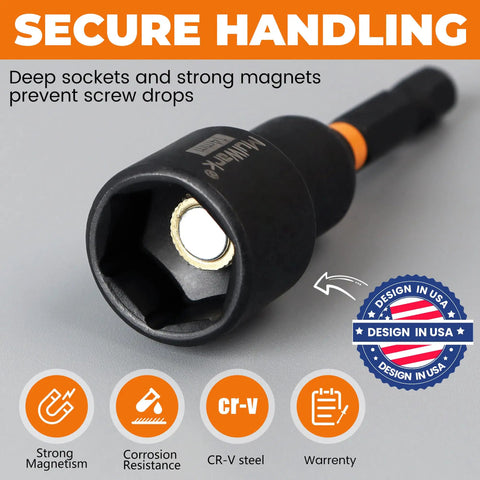 Close-up of Magnetic 16 Piece Nut Driver Set For Impact Drill with deep quarter inch hex shank socket adapter.