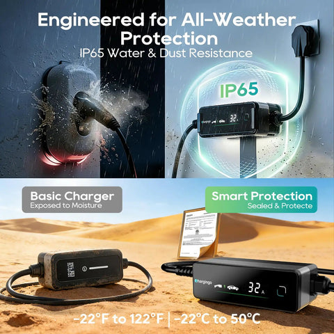 Level Two Ev Portable Charger For Tesla And Nacs Rides Offering Straight Plug Setup With 32 Amp 240V Power Via Nema 14 50 Outlet And 25 Foot Cord Adjustable Ampage showing IP65 water and dust resistance.