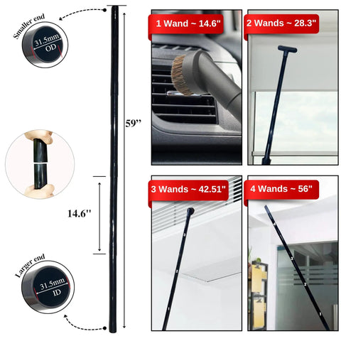 All In One Vacuum Attachments Kit With Universal Hose Adapters showing extension tubes measurement and use examples.