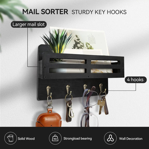 Straight Up Solid Wood Wall Key Holder 10 Inch Decorative Mail Organizer With Four Heavy Duty Hooks For Effortless Entryway Setup And No Sweat Home Organization Black