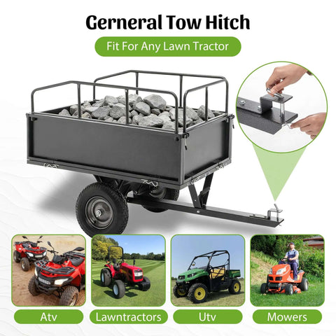 Heavy Duty 600Lb Dump Cart For Farm And Garden Tow Behind Utility Trailer loaded with rocks, compatible with lawn tractors.
