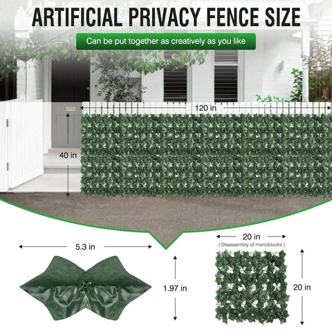 Artificial Ivy Privacy Fence Wall Screen 120 By 40 Inches 12 Pack Of 20 By 20 Inch Panels installed on outdoor fence