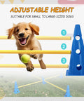 Dog Agility Jump Set With Adjustable Hurdles And Cones For Indoor Outdoor Training, yellow poles, and blue cone, playful puppy jumping