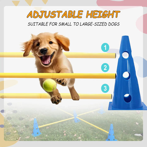 Dog Agility Jump Set With Adjustable Hurdles And Cones For Indoor Outdoor Training, yellow poles, and blue cone, playful puppy jumping