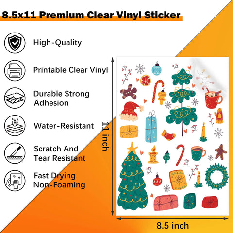 Pro Grade Clear Vinyl Sticker Paper 30 Sheets Printable Self Adhesive Label Sheets Letter Size 8X11 Inch For Inkjet Printers featuring colorful holiday designs.