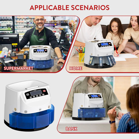 Ponnor Automatic Coin Counter Machine Sorter And Wrapper With Fast 300 Coins Per Minute Speed in supermarket, home, and bank settings.