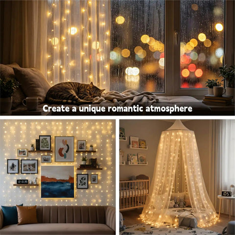 Cozy Bedroom Curtain Lights 200 LED Fairy String Lights 6.6x6.6 Feet Warm White With Remote 8 Modes For Indoor Use
