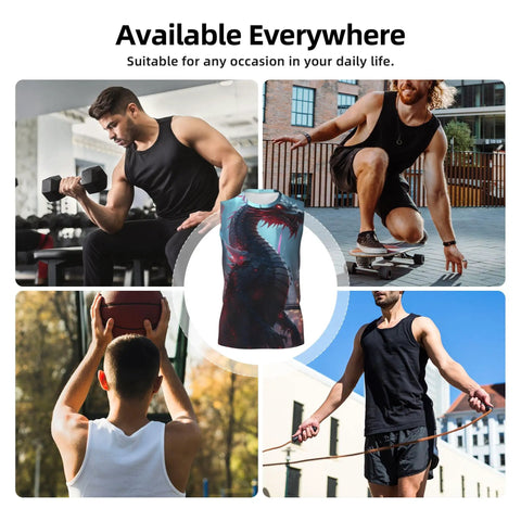 Mens Breathable Mesh Sleeveless Shirt With Urban Mechanical Dragon Graphic Black lightweight tank worn during gym workouts.