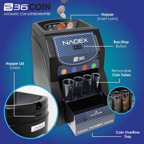36S Automatic Coin Sorter Sorts Up To 200 Coins Per Minute With Automatic Start Stop Feature and visible coin tubes