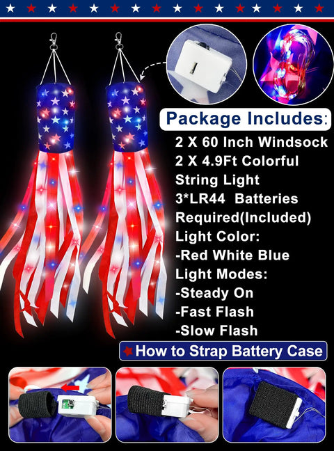 Pair Of 60 Inch American Flag Windsocks With Red White Blue LED Lights For Outdoors Patriotic Fourth Of July Memorial Day Decor 250th Anniversary USA Windsocks Festive Outdoor Display details, including package contents and battery strap instructions.