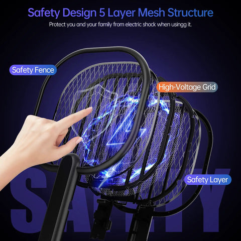 Ultimate 3500V Bug Zapper Handheld Electric Fly Swatter with 5 Layer Protection Grid showing safety mesh and high-voltage grid