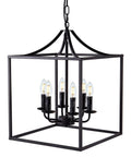 Six Light Black Modern Farmhouse Square Pendant Chandelier For Foyer Hallway Stairway Kitchen Island Dining Living Room 15.75 Inch Wide 22.4 Inch High With 35.4 Inch Chain Length, showing six candle-style bulbs in a black metal frame.