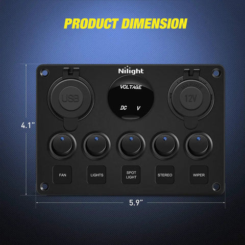 Five Gang Rocker Switch Panel With Dual USB Charger, LED Voltmeter, 12V 24V On Off SPST Toggle, Waterproof All In One Power Hub For LED Light Bars Rear Rock Lights Trucks RVs Boats 4x4, 5.9 x 4.1 in