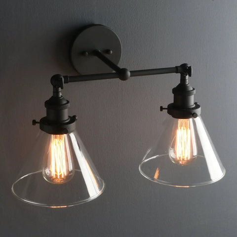 Two Light Industrial Wall Sconce In Antique Black With 7.3 Inch Cone Clear Glass Shade 180 Degree Adjustable E26 Base Compatible With LED Incandescent CFL Halogen Bulbs Bulbs Not Included Handmade Glass Lampshade